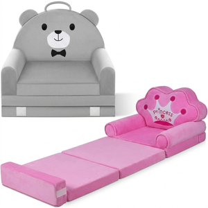 Kids Sofa Bed with Removable Washable Cover & Magic-Tape Backrest Foldable Toddler Chair, Cozy Crystal Velvet Furniture for Playtime, Naps & Travel (2 Pack Bear and Princess)