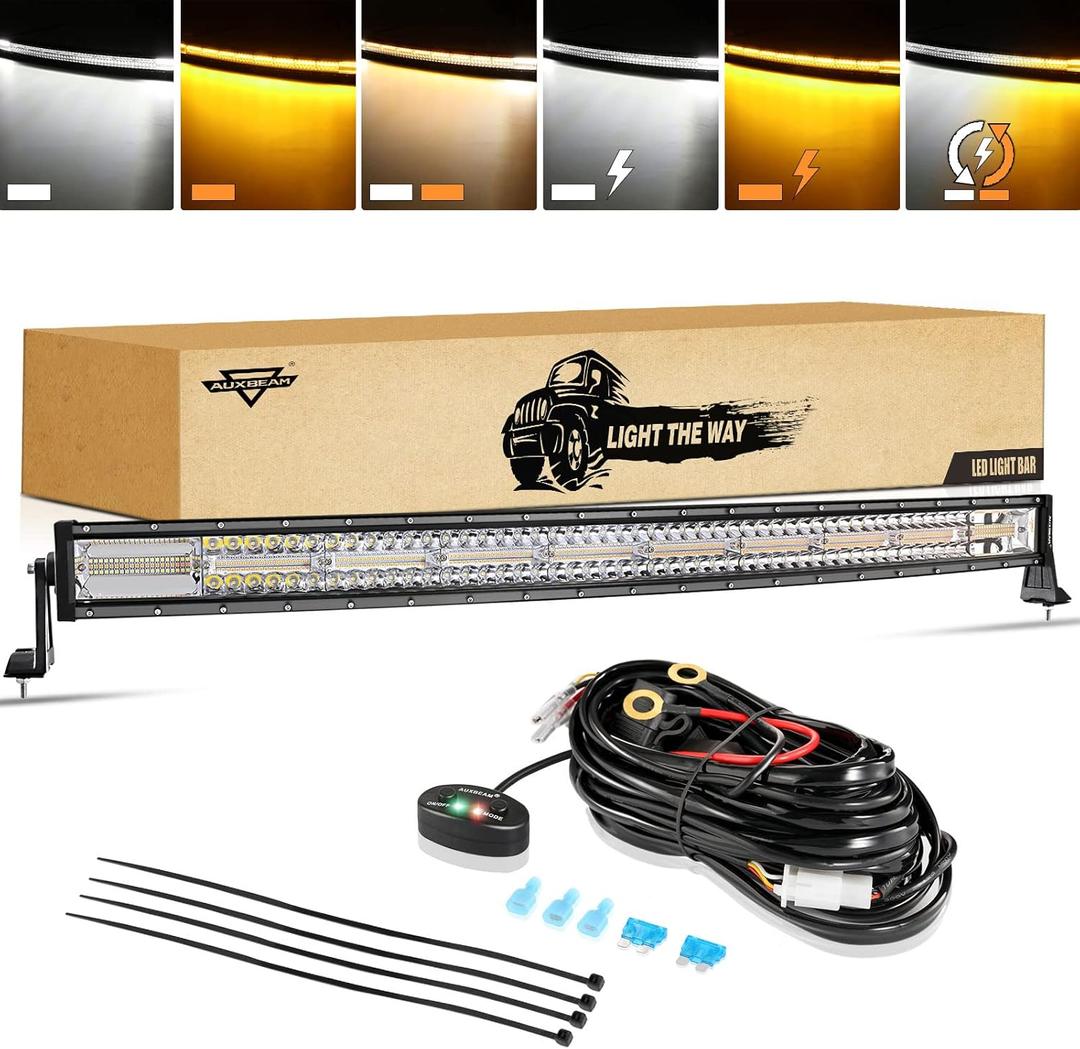 Auxbeam 42 Inch LED Light Bar, 240W Curved Amber White Strobe Lights, 6 Modes Spot Flood Combo Beam Fog Driving Light for Car Jeep Off Road SUV UTV with 10FT Wiring Harness