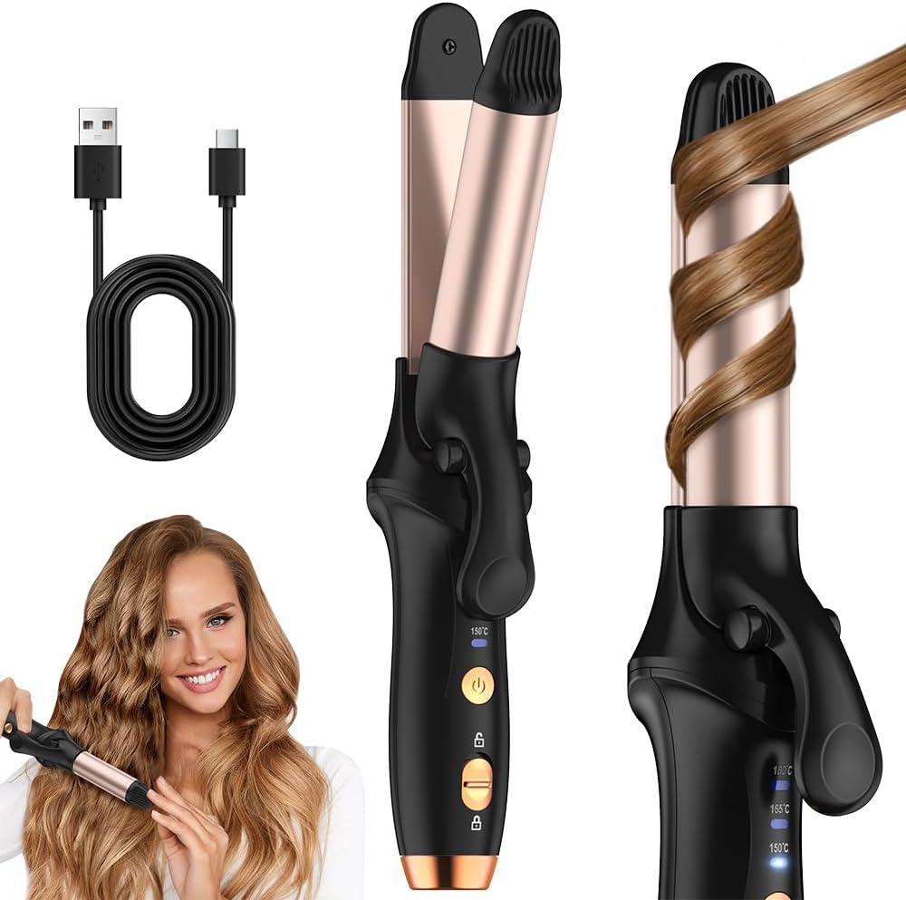 Curling Iron,Cordless Rechargeable Curling Iron,Cordless Hair Curler(3 Gear),Travel Mini Straightener 4000mAh,USB Charge Battery Flat Iron and Curler 2 in 1 for Long Short Hair (Small & Black)