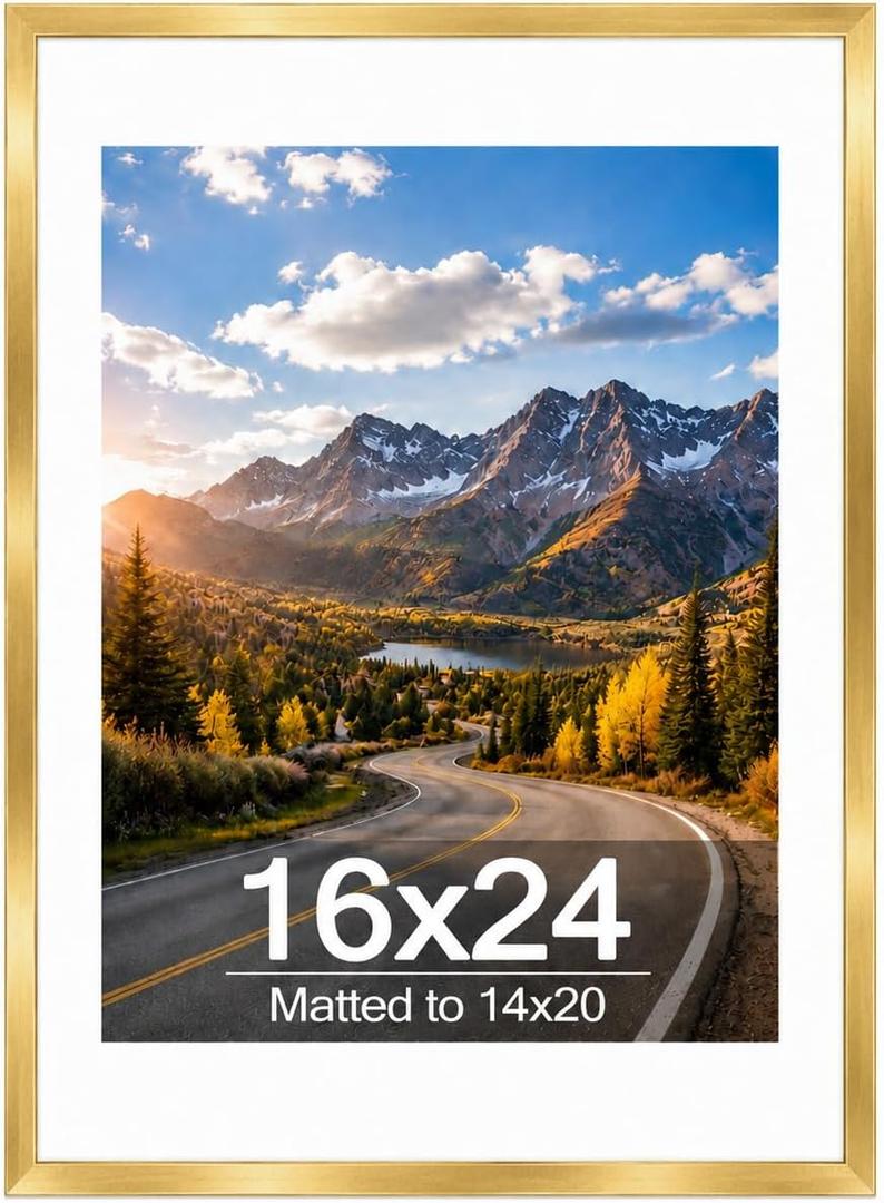 Wood 16x24 Picture Frame with 14x20 Mat Gold, Display 14x20 with Mat or 16x24 Without, Wood 16 by 24 Photo Frame, 16 x 24 Frame for Wall Hanging Display, Gold