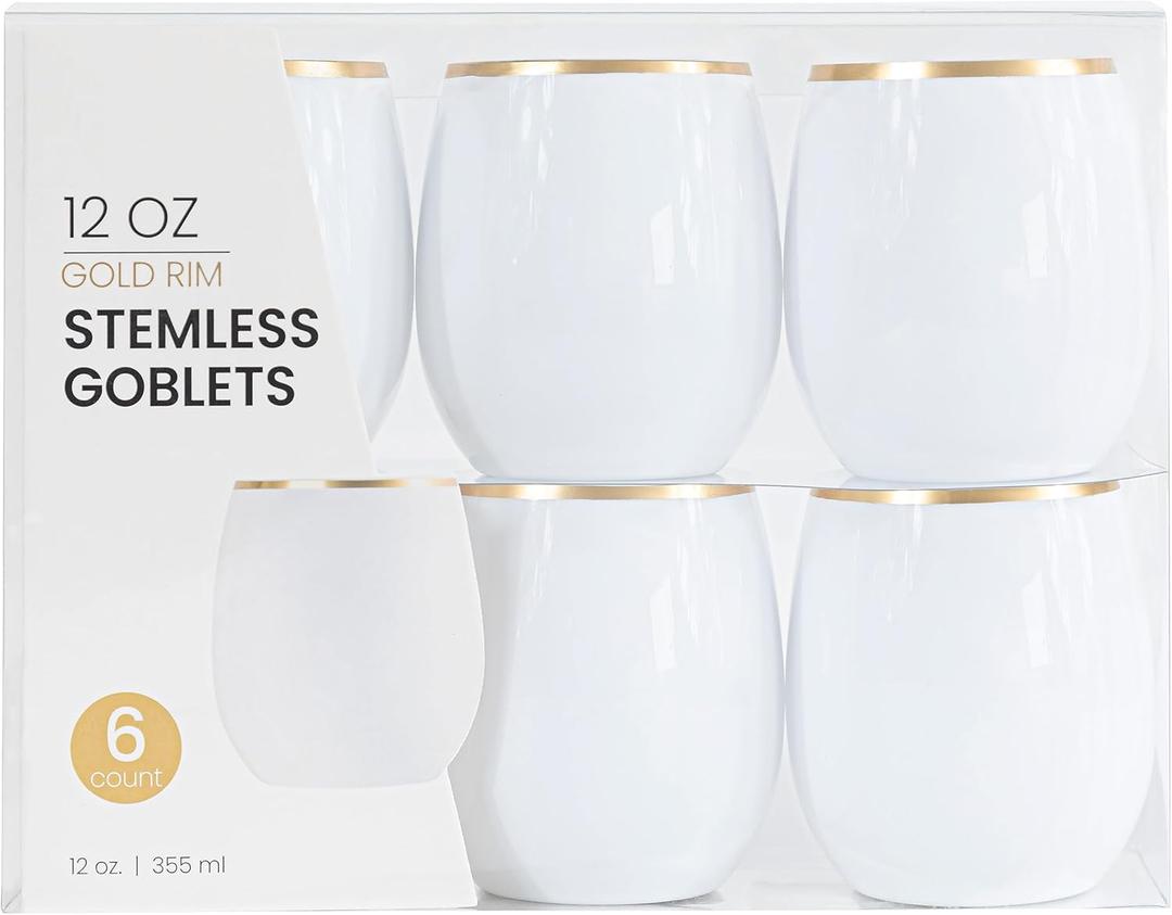 PLASTICPRO 12 Pack White With Gold Rim Plastic Wine Glasses Stemless Disposable 12 oz BPA Free Shatterproof Plastic Wine Cups Wine Glasses for Parties
