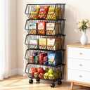 Wire Baskets Organization with Rollers for Kitchen and Home Storage, Vegetable Fruits Metal Basket for Countertop and Corner, Wire Basket Storage Bins for Space Utilization, Durable, 5 Tiers