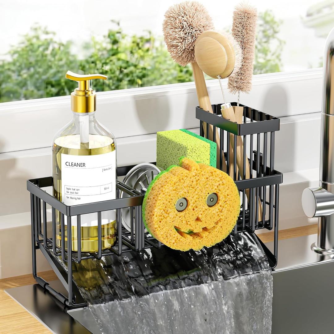 Cisily Kitchen Sink Caddy Organzier with High Brush Holder, Sponge Holder for Sink, 304 Rustproof Stainless, Kitchen Countertop Soap Dispenser Organizer (Black With Smiley Face Holder, 9.25)