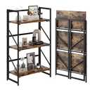 JSB No Assembly Folding Bookshelf, 3 Tier Industrial Metal Book Shelf for Storage, Vintage Wood Foldable Bookcase for Living Room, Bedroom, Office Organization Shelves