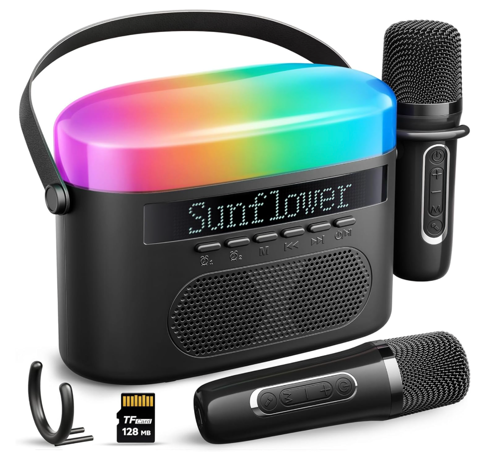 Karaoke Machine for Kids & Adults with 2 Wireless Mics 2400mAh Portable Bluetooth Karaoke Speaker with Timer White Noise & Night Light High Power Dual Speaker LED Display Home & Outdoor Party - Black