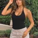 REORIA Bodysuits for Women Sexy Halter Tie Back Deep U Neck Bodysuit Backless Cami Tank Top (Black, XS)