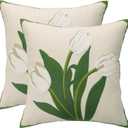 Embroidery Throw Pillow Covers 18x18 inch Pack of 2 Beige and White Tulip Flower Pillowcases Spring Pillow Covers for Couch Cotton Canvas Cushion Cover Square Farmhouse Floral Decor Pillow Case