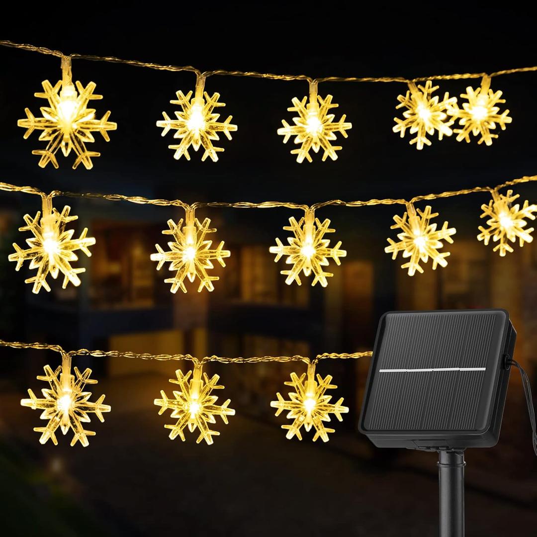 Brightown Solar Christmas Snowflake String Lights 100 LED 39 FT Outdoor Waterproof Fairy Lights with 8 Lighting Modes for Wedding, Party, Tree, Room, Garden, Patio, Yard, Home, Warm White