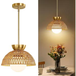 Rattan Pendant Light, 11.8" Hand Woven Boho Pendant Light Fixture with Milk Glass Globe, Gold Kitchen Pendant Lighting Over Island Adjustable Chandelier for Dining Room Hallway Foyer
