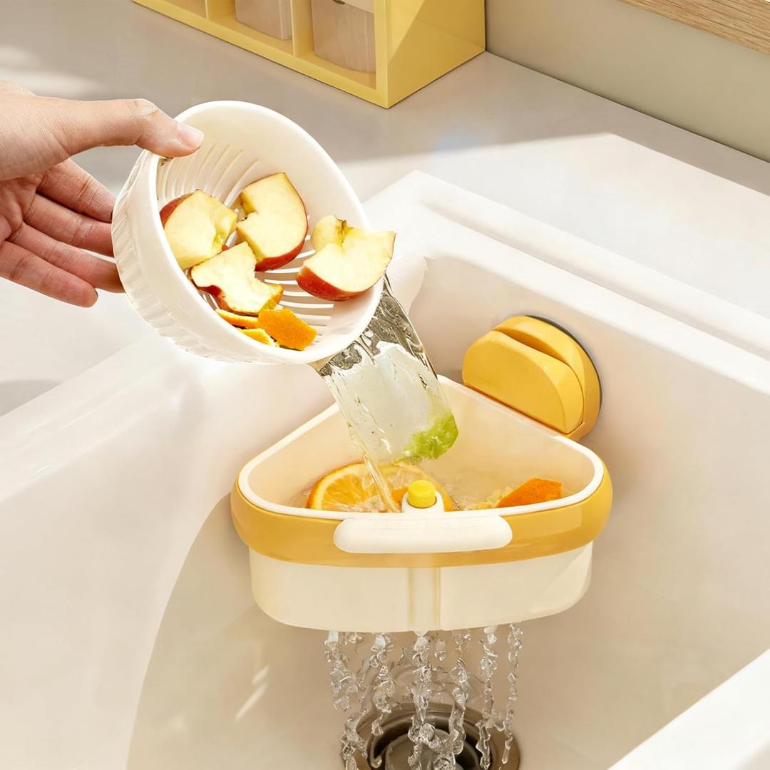 Sink Strainer Basket, Corner Sink Strainer with Suction Cups Dump Design, Triangle Drain Basket for Kitchen Sink, Food Waste Catcher with Drain Holes, Faucet Sponge Storage Rack