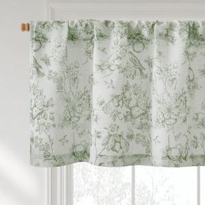 Vangao Linen Valance Curtain Farmhouse Floral Small Window Curtain Light Filtering for Kitchen Rustic Valance for Living Room Bedroom Rod Pocket 1 Panel Green on Beige