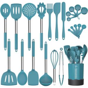 Silicone Cooking Utensil Set, Fungun Non-stick Kitchen 24 Pcs Cookware, Heat Resistant , Silicone Kitchen Tools Gift with Stainless Steel Handle (Blue-24pcs
