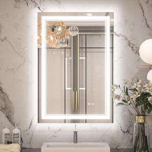 Keonjinn 22" x 32" Lighted Mirrors for Bathroom Wall, Frontlit & Backlit LED Bathroom Mirror, Tempered Glass, 3 Color Lights, Dimmabled, UL-Listed LED Driver, Anti-Fog, Smart Bathroom Vanity Mirror