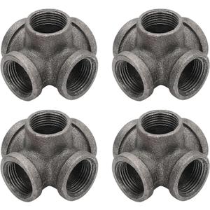 Home Expert Pipe Fittings 3/4" Metal Pipe, 4 Pack 5-Way Side Outlet Tee Malleable Cast Iron Threaded Pipe Fittings for Industrial Pipe Shelves Bracket, Industrial Vintage Furniture (Gray)