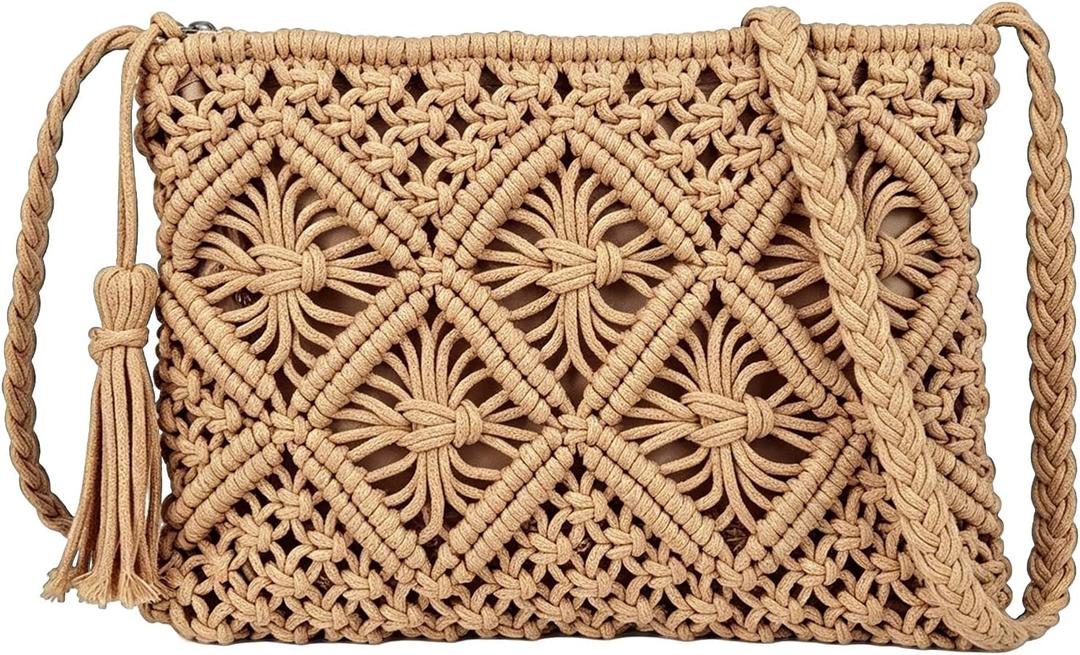 Boho Small Crossbody Bag for Women Small Summer Beach Shoulder Purse Hand Woven Crochet Bags with Tassel