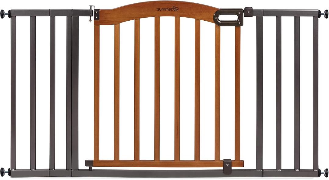 Summer Infant Anywhere Decorative Walk-Thru Pet and Baby Gate, 28 - 42.5 Wide, 30" Tall, Pressure Mounted, Insall In-between Rooms and Doorways, Walnut Wood with Metal Charcoal Accents