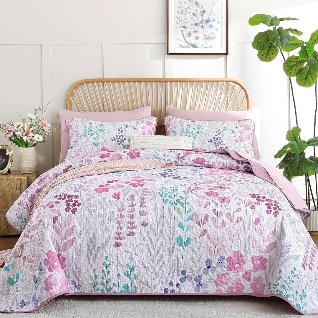 Xruibed Quilt Set Queen Size 3 Pieces Rose Pink Floral Quilt Sets Reversible Bedspreads Bedding Set Soft Microfiber Lightweight Quilt Flower Plant Bed Coverlet Sets for All Season (Queen 96"x90")