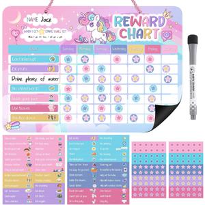 Reward Chart for Kids, Unicorn Design Magnetic Behavior Chart for Kids at Home with 52 Chore Charts, 120 Magnetic Star Stickers Dry Erase Responsibility Chart for Toddlers Potty Training