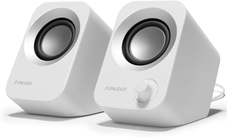 Speaker - 14W Stereo PC Speakers, USB Powered, Compact Size with 30 Tilt Design, Volume Dial Control, for Desktop, Laptop, Monitor, Gaming Consoles, White