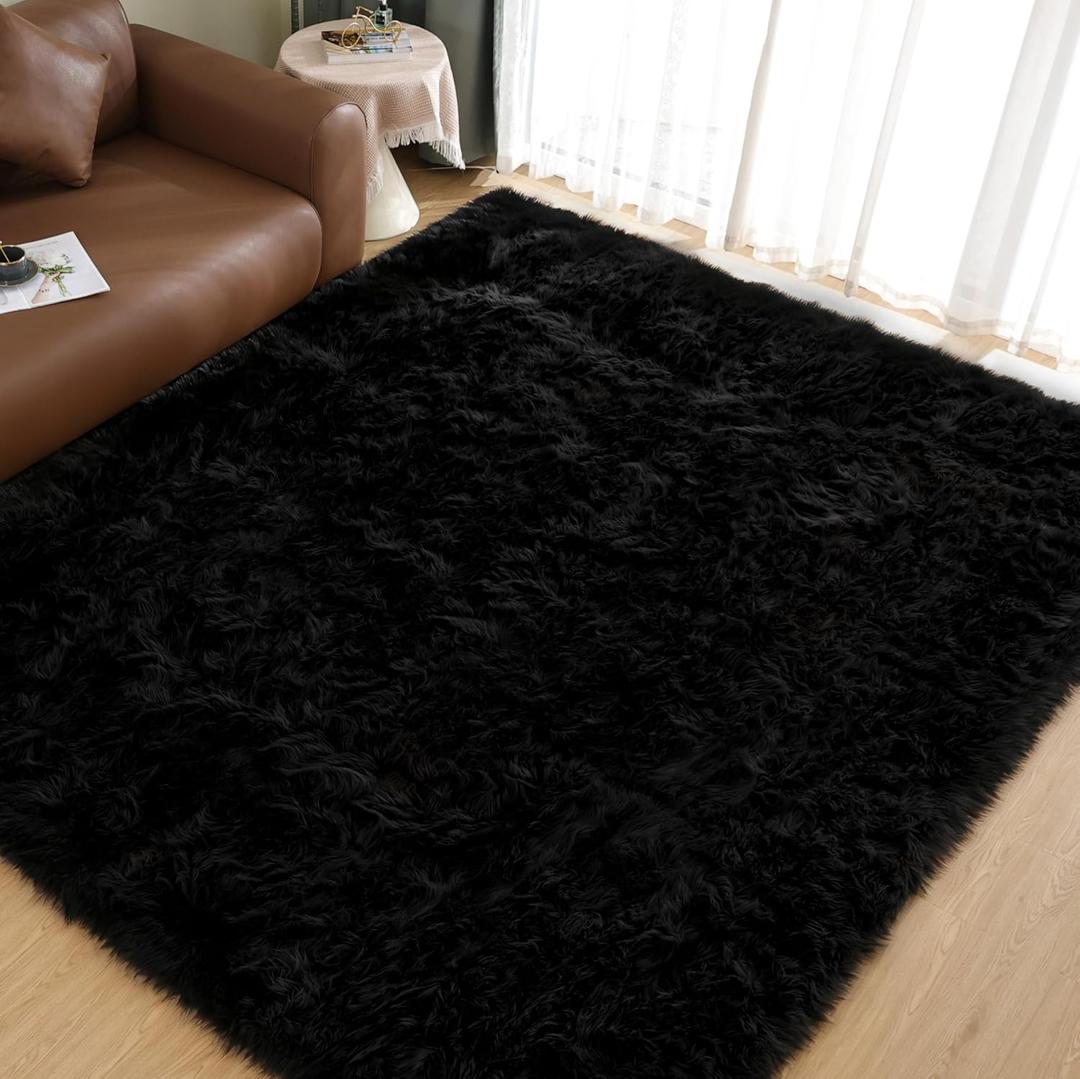 Goolela Black Sheepskin Area Rug 8x10 Fluffy Fuzzy Furry Shag Carpet for Living Room Bedroom Faux Fur Plush Rectangle