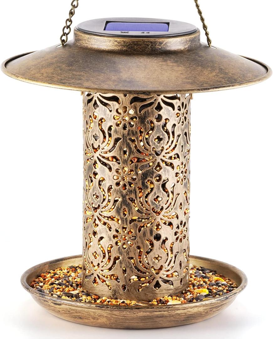 SWEETFULL Solar Bird Feeder for Outdoors Hanging, Metal Wild Bird Feeder for Cardinals Solar Garden Lantern with S Hook as Gift Ideas for Bird Lovers (2LBs Heavy Duty Weather Resistance birdfeeders) (8"x8")
