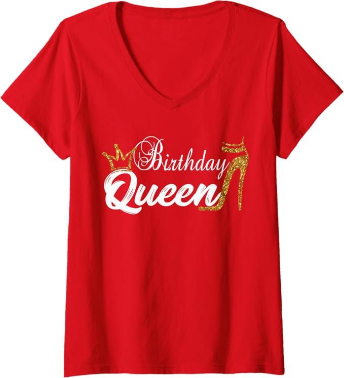 Womens Birthday Queen Happy Birthday Party Funny Shirt Gifts V-Neck T-Shirt (Red, S)