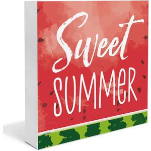 Summer Decor - Watermelon Decorations Summer Fruit Wooden Decorative Sign Home Decor for Desk Table Shelf 5 x 5 Inches