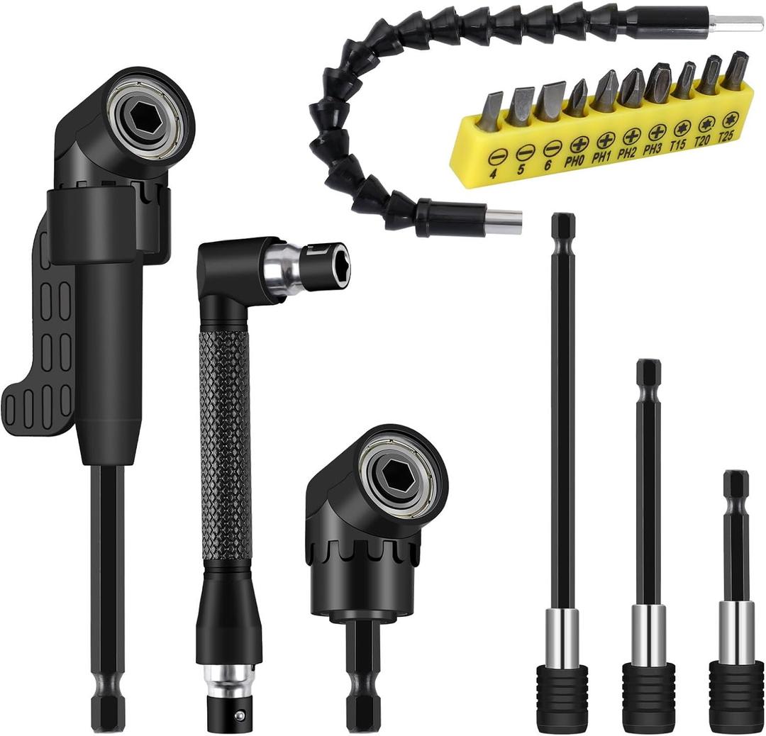 17 Pcs Flexible Drill Bit Extension, Include 2 Pcs Hex Shank 105 Right Angle Drill Attachment 3Pcs Drill Bit Holder 10 Short Screwdriver Bits 90 Angled Bits and Bendable Drill Bit Extension