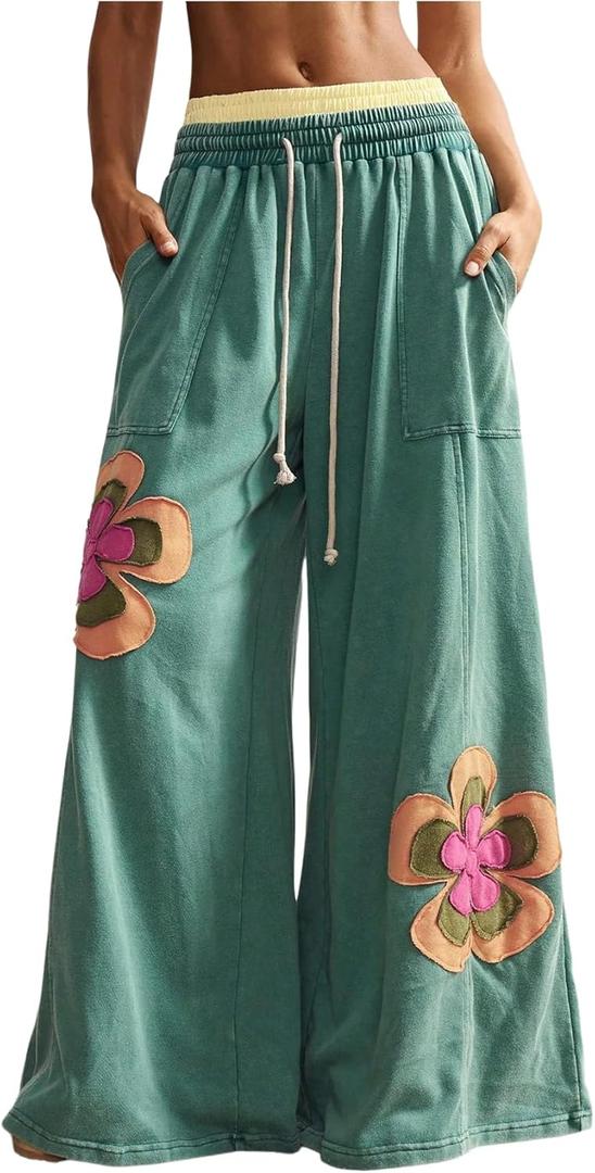 Women's Y2K Floral Boho Baggy Pants Wide Leg Sweatpants Low Rise Pant Elastic Waist Trousers with Pocket (Medium, Green)