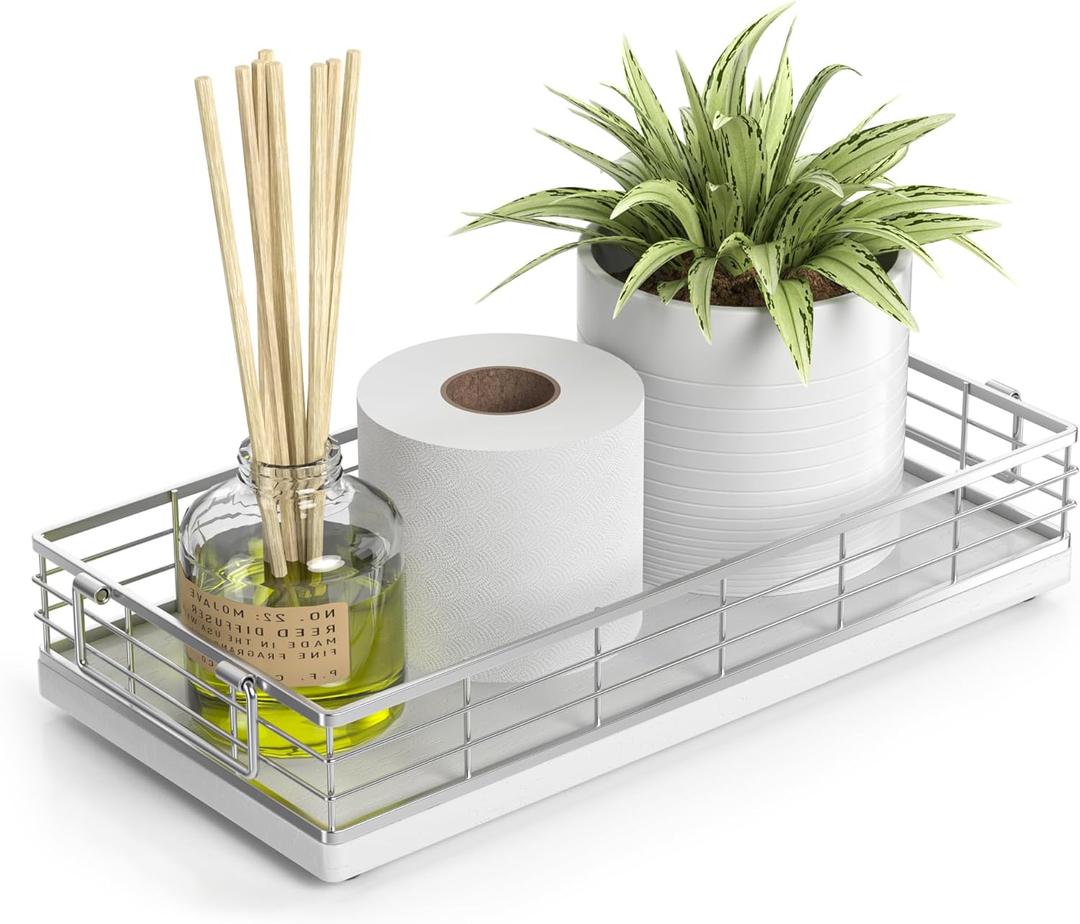 Toilet Paper Basket, 13 Inch Oak and Iron Bathroom Tank Tray Top of Toilet Storage Toiletries Organizer for Bathroom, Living Room and Kitchen (White)