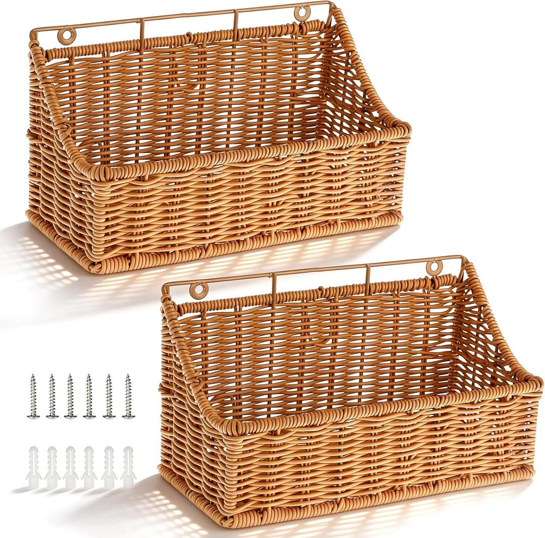 OwnMy 2PCS Plastic Wicker Hanging Basket Wall Mount Storage Baskets for Kitchen Organizing Fruit, Onion, Potato, Vegetable, Hanging Fruit Baskets for Kitchen Counter/Pantry/Cabinet