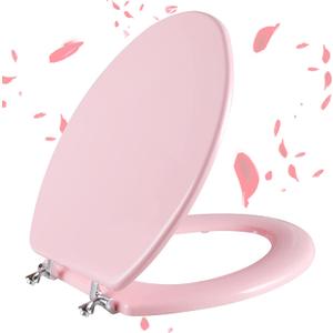 Pink Elongated Toilet Seat Natural Wood Toilet Seat with Zinc Alloy Hinges, Easy to Install also Easy to Clean, Scratch Resistant Toilet Seat by Angol Shiold (Elongated, Pink)