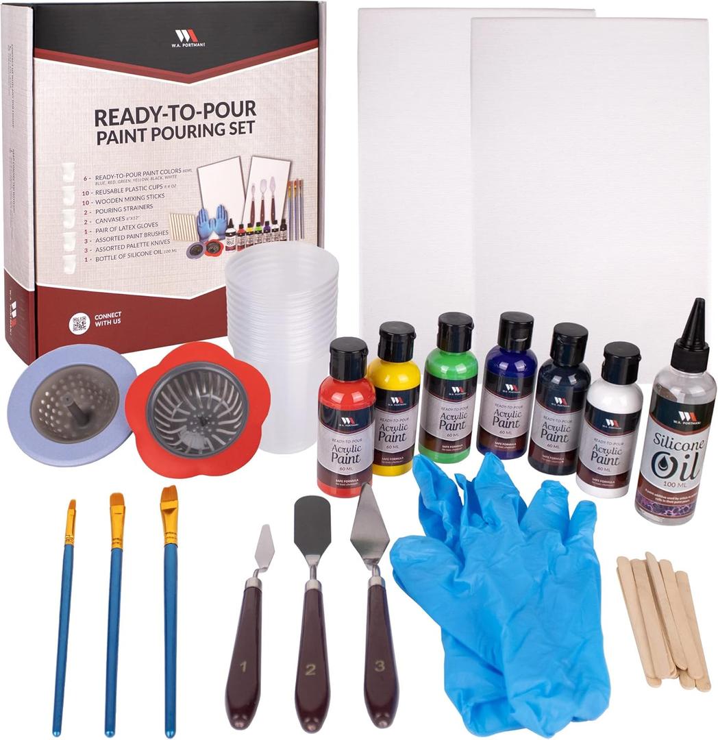 WA Portman 38-PC Ready to Pour Acrylic Pouring Paint Set  6 Bottles of Acrylic Paint Kits for Adults & Kids  Complete Painting Sets with Canvas Painting Supplies for Beginners & Professionals