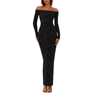 PRETTYGARDEN Womens Fashion Off Shoulder Floral Maxi Bodycon Dress Spring Long Sleeve Mesh Long Formal Wedding Guest Dresses
(Black, Medium)
