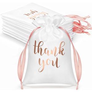 Sieral 50 Pcs Thank You Satin Gift Bags with Drawstring Jewelry Candy Pouches for Valentines Easter Wedding Baby Shower Birthday Holiday Party Thank You Bag for Gift Wrap(White, Rose Gold, 4 x 6 Inch)