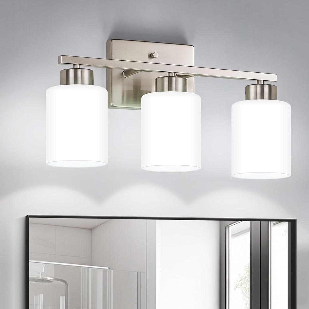 Brushed Nickel Bathroom Light Fixtures, 3-Light Modern Vanity Light Over Mirror, Wall Sconces with Milky White Frosted Glass Shades, E26 Socket 