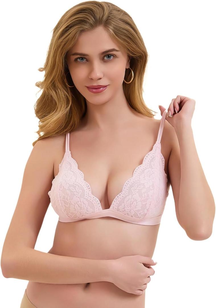 3 x Women's Lace Bralettes Triangle Wireless Bras with Adjustable Straps V Neck Soft Unpadded Multicolors-Petite (Pink)