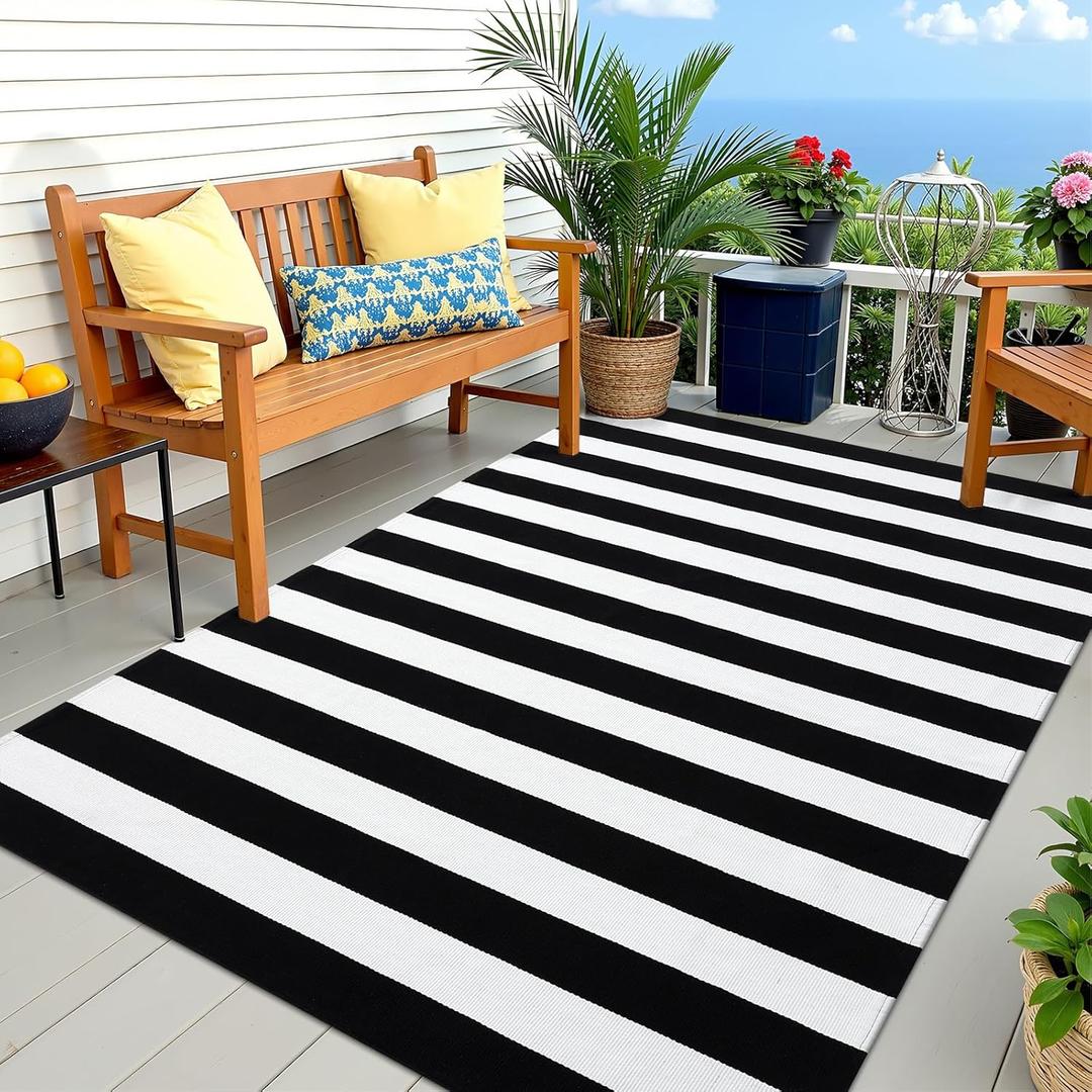 OLANLY Black and White Striped Rug 5' x 7'  Washable Cotton Indoor Outdoor Doormat for Front Door, Entryway, Kitchen, Porch, Patio Decor