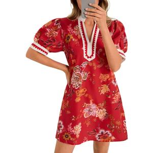 Wenrine Womens Summer Mini Dress Casual Floral Puff Sleeve V Neck Color Block Loose Boho Beach Dresses with Pockets (Medium, Red)