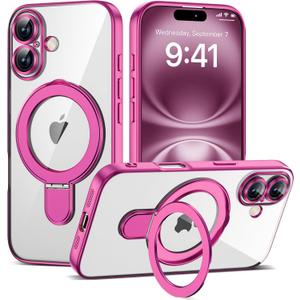 Compatible with iPhone 16 Case with Magnetic Ring Stand [Compatible with Mag-Safe] [Full Camera Lens Protector] Soft Plating Clear Phone Case for iPhone 16 6.1", Rose