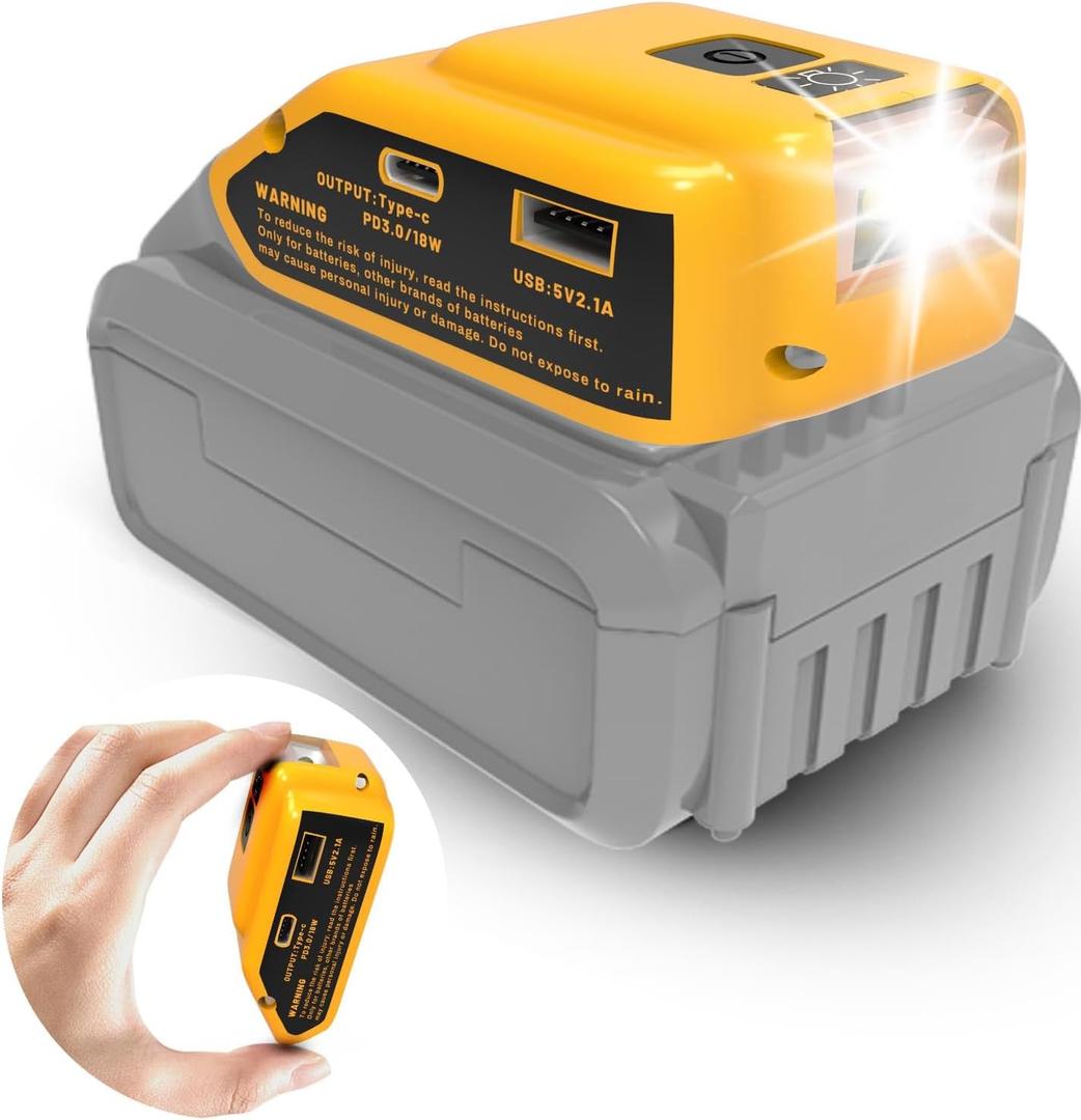 USB Charger Adapter Compatible with Dewalt 20V Battery Dual USB Ports Power Converter (Type C & USB-A) + 12V DC Output with LED Light for Camping Emergency