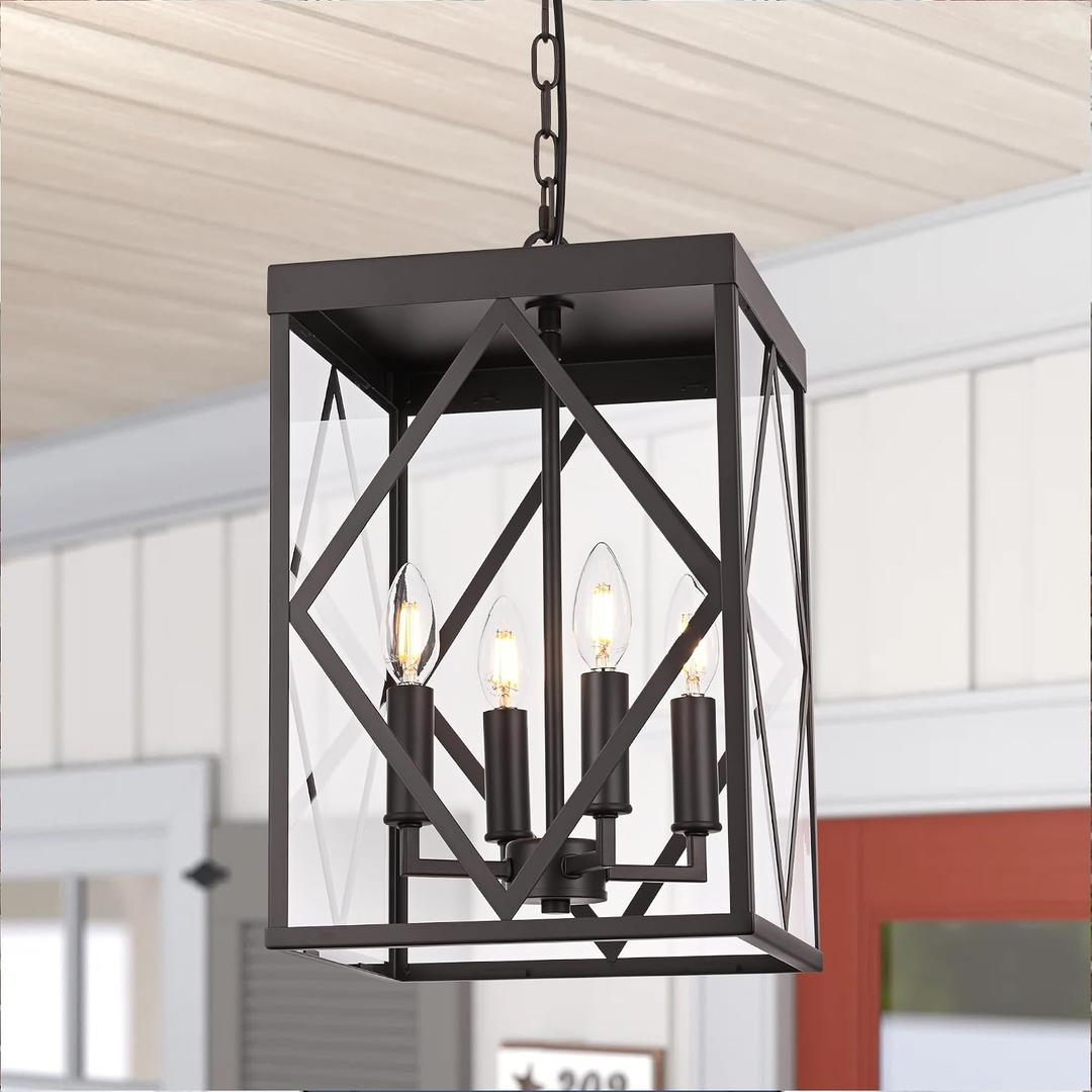 11" Outdoor Pendant Light Exterior Hanging Lantern, Farmhouse Oil Rubbed Brozne Outside Chandelier Light Fixture Ceiling Mount Hanging Porch Light with Clear Glass for Front Porch Entrance