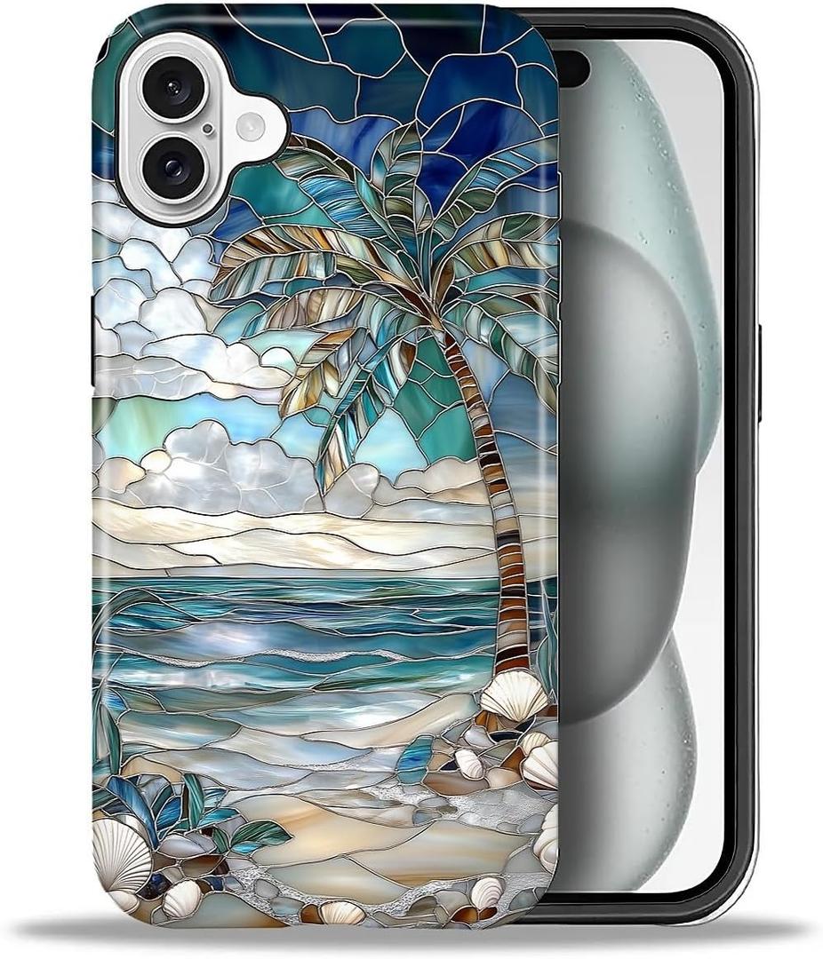 Case for iPhone 16 Plus, Hybrid Heavy Duty 2 in 1,PC Hard Shell & Silicone Inner Bumper, Anti-Scratch Full-Body Cover Shockproof Slim Design Case - Beach Palm Tree