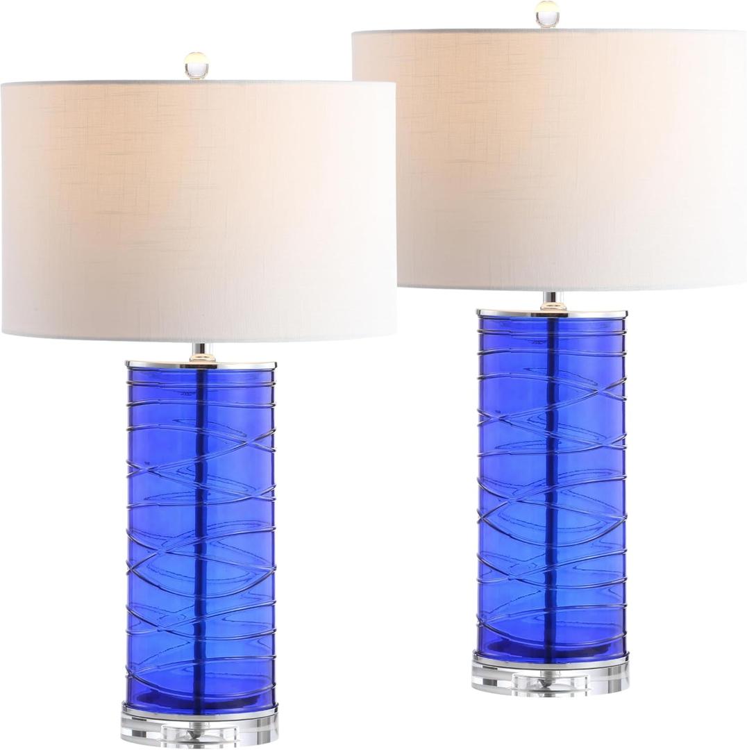 JONATHAN Y 27.5" Cobalt Modern Fused Glass Table Lamp Set of 2 for Bedroom Living Room, Coastal Nightstand Bedside Lamp with White Linen Shade, LED Bulbs Included (JYL4017D-SET2)