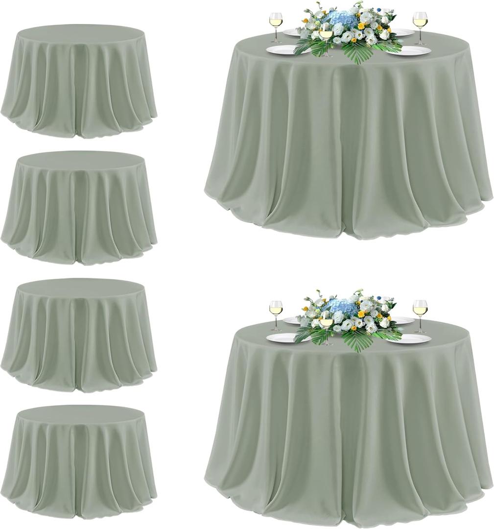 sancua Round Tablecloth 132 Inch Diameter, 6 Pack - Circle Polyester Fabric Table Cloth for Wedding Party Reception Banquet Birthday, Washable Formal Table Cover (Fit 54-96 Inch Tables), Sage Green