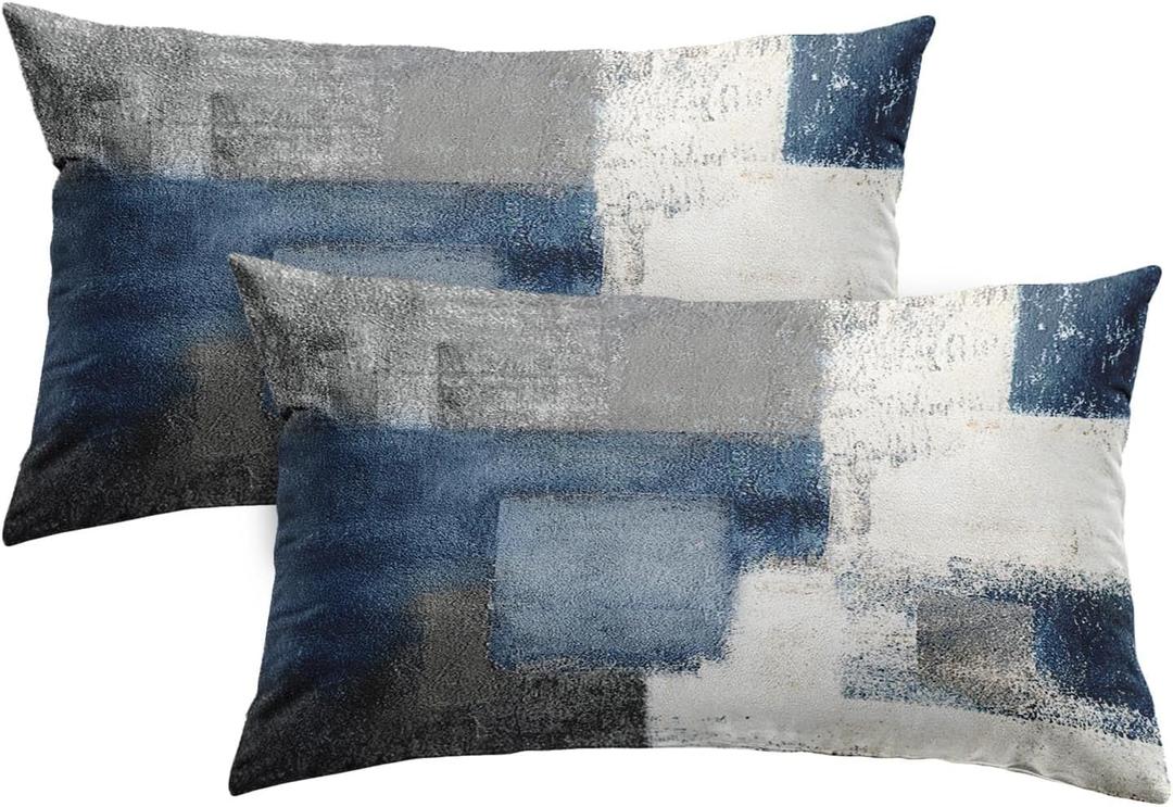 Britimes Throw Pillow Covers Modern Home Art Decor, 12 x 20 Inches Set of 2 Pillow Cases Decorative, Abstract Oil Painting Pillowcases for Bedroom, Living Room, Blue White