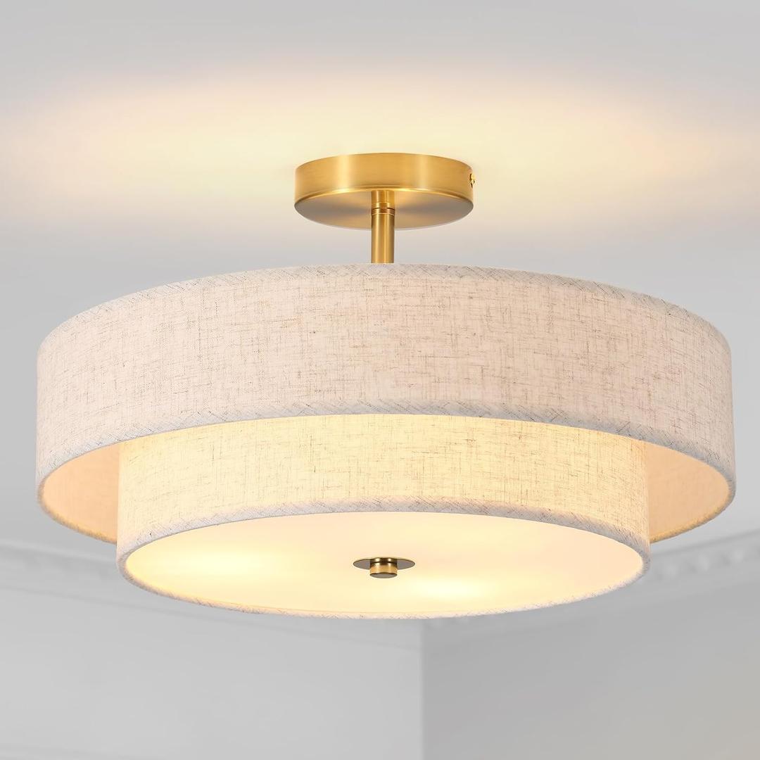 17.71" Semi Flush Mount Ceiling Light Fixture ,3-Light Gold Light Fixtures ,Modern Close to Ceiling Light with 2-Layer Fabric Linen Shade,Farmhouse Drum Ceiling Light for Bedroom,Hallway,Living Room
