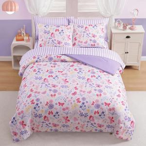 AMBERSPACE Twin XL Comforter Set for Girls, Butterfly Botanical Flowers Bedding Set, All Season Kids Bed in a Bag Dorm, Pillowcase & Sham, 70 x 86 inch
