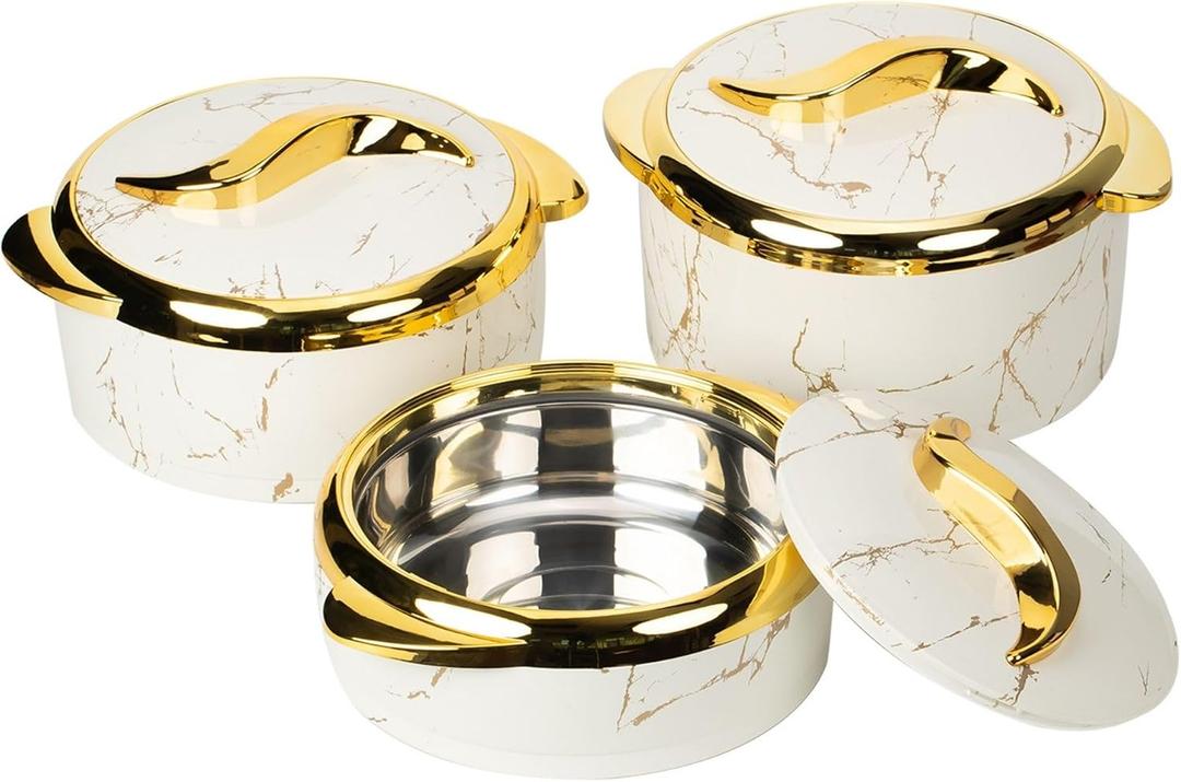 3 Piece Insulated Casserole Dishes with Lids, Thermal Serving Bowls Set 2.6/2.1/1.6 Qt, Food Warmer Containers with Handles, Stainless Steel Liner, Marble White