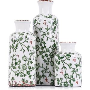 Green Ceramic Vase Set - 3 Chinoiserie Green Floral Vases, Farmhouse Country Flower Vase Home Decor, Living Room Decoration, Table Decoration, Fireplace Decor, and Entrance Decorations Centerpiece